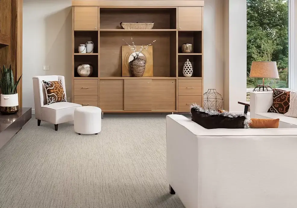 Cream wall-to-wall carpet with a textured ribbed pattern in a modern living room.