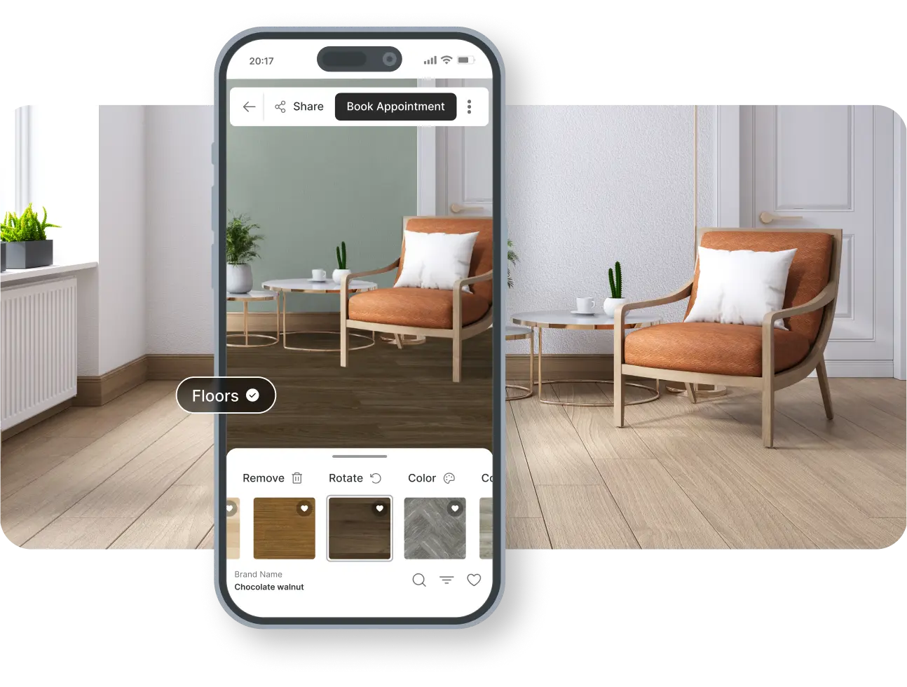 Smartphone mockup showcasing an interactive flooring visualizer app, comparing a dark wood floor preview on screen against a light wood floor room background.
