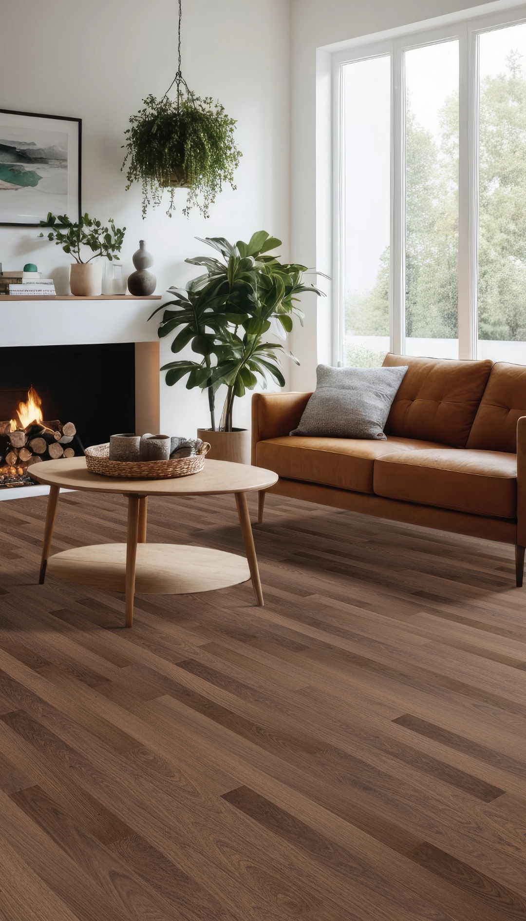 Dark brown wood-look flooring in a living room with a fireplace and leather sofa.