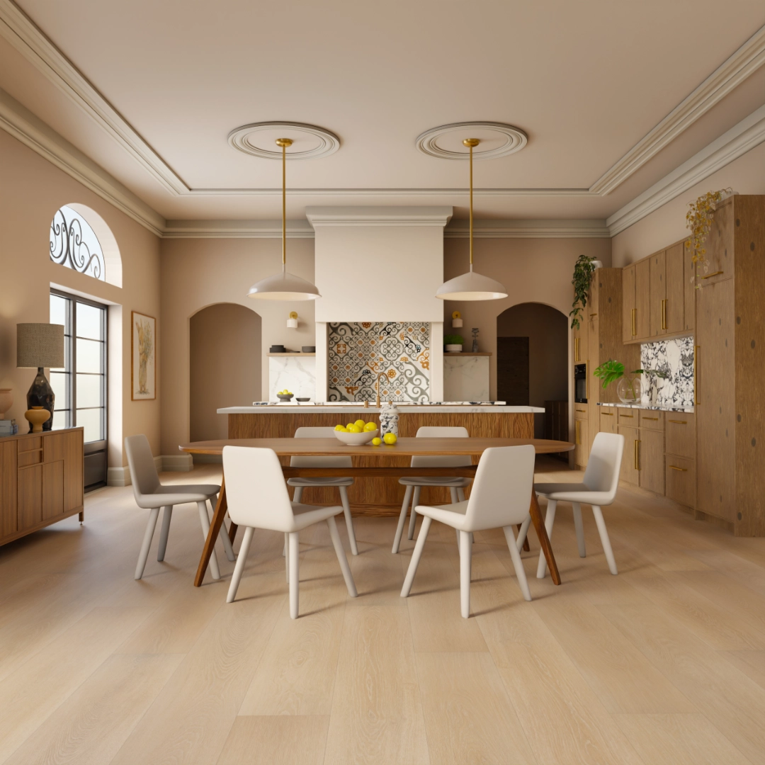 Light beige wood-look flooring in a warm, modern dining room.