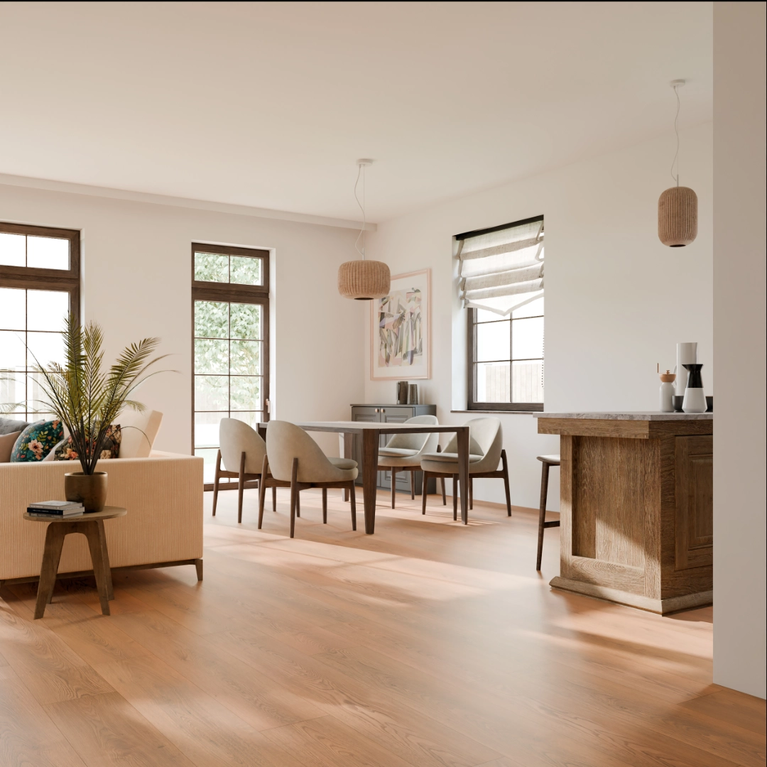 Light oak wood-look flooring in an open living and dining space.