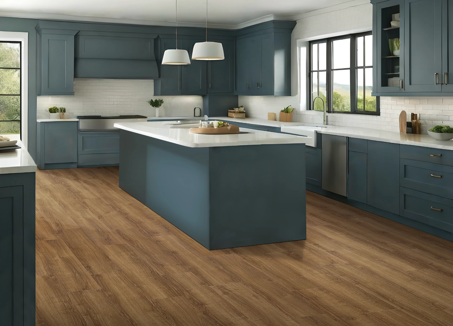 Medium brown wood-look flooring in a kitchen with slate blue cabinets.